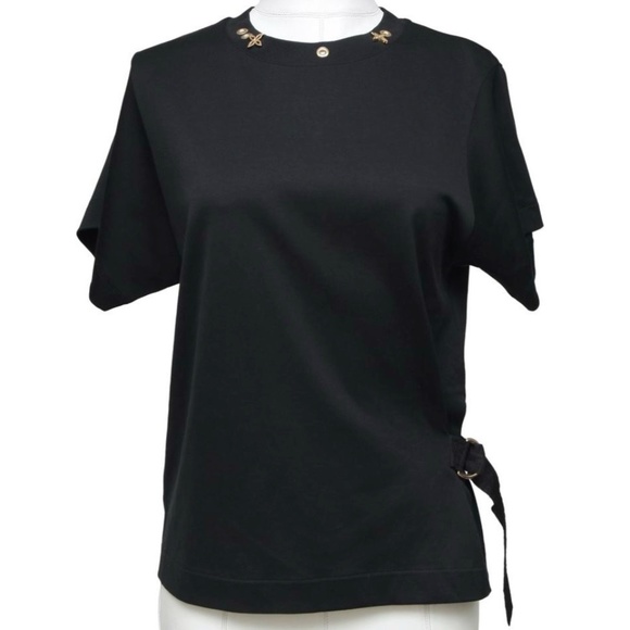 LOUIS VUITTON Black T-Shirt Side Strap Top Gold Monogram Sleeve XS NWT - Picture 1 of 6